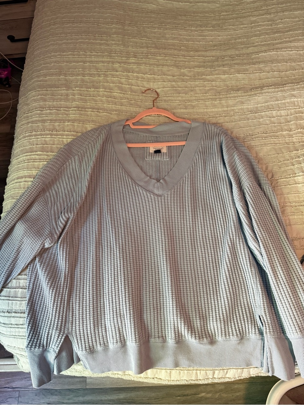 American Eagle Outfitters Light Blue V-Neck Waffle Knit Sweater